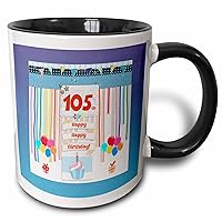 3dRose Image of 105th Birthday Tag, Cupcake, Candle, Balloons, Gift, Streamer - Mugs (mug-360415-4)