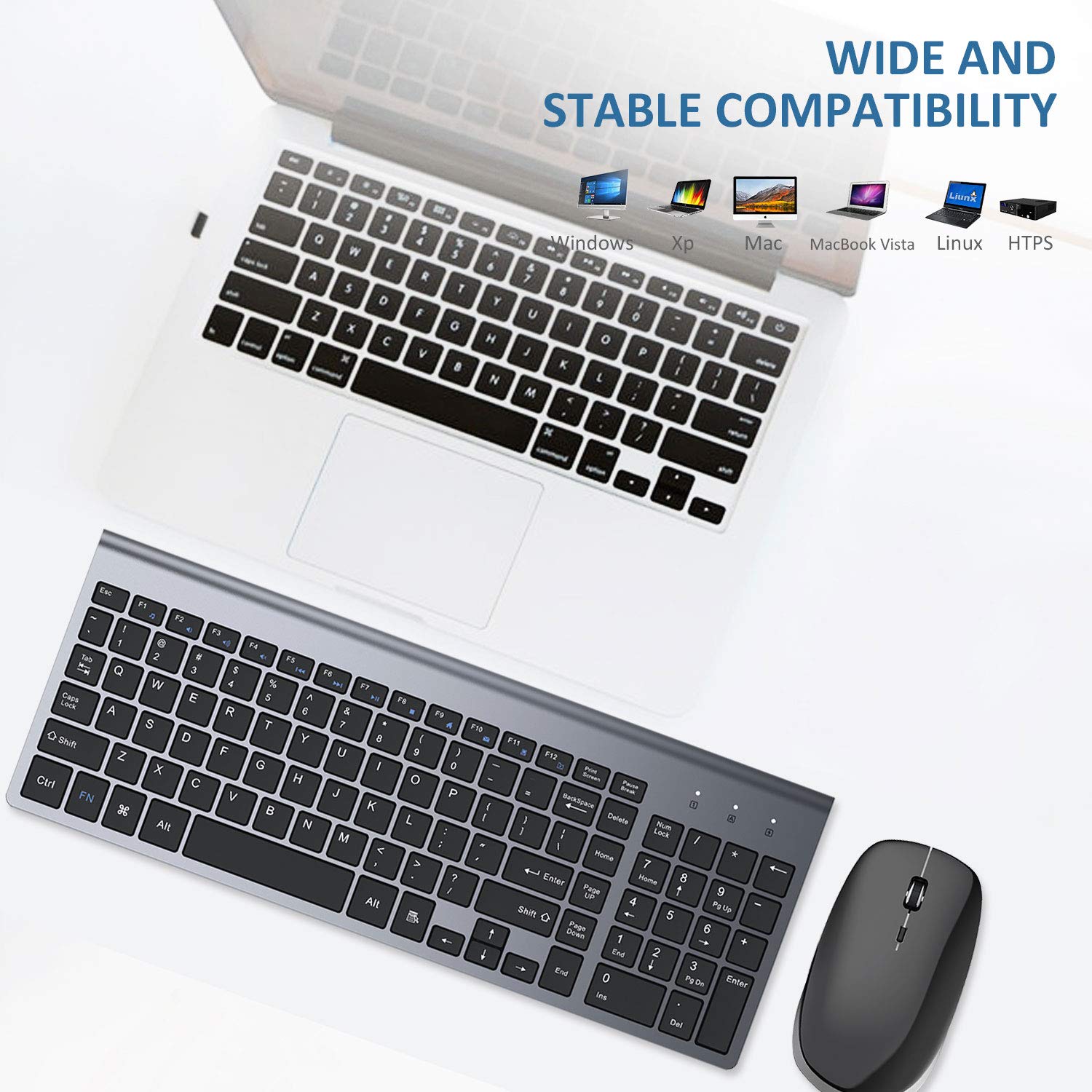 Wireless Keyboard and Mouse - 2.4G USB Ergonomic Full Size Compact Wireless Keyboard Mouse Combo for PC Computer Laptop Windows mac MacBook - Black Grey
