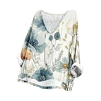 Women's Long Sleeve Scoop Neck Shirts Boho Floral Print Casual Loose Fit Tee Tops Summer Plus Size Fashion Blouses
