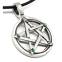 Pewter Pagan Pentagram Pendant on Leather Necklace with 5 Swarovski Crystal Birthday