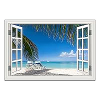 Ocean Wall Art Decor for Living Room Large Beach Canvas Picture for Wall Window Frame Style Palm Tree Artwork Coastal Art Print for Bedroom Blue Seascape Painting for Homen Office decoration, Ready to