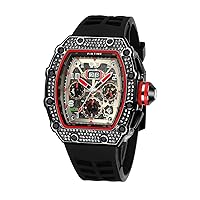 PINTIME Mens Bling Punk Chronograph Watch Iced Out Diamond Designer Watch Unique Fashion Style Quartz Sports Wristwatch Silicone Leather Band