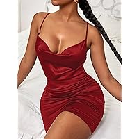 2023 Spring Dress Pants Women Draped Collar Ruched Satin Bodycon Dress Dresses (Color : Red, Size : Medium)
