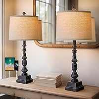 Oneach 27.75” Vintage Farmhouse USB A+C Table Lamps Set of 2 for Living Room Bedroom Traditional Bedside Nightstand Lamp Retro Resin Lamps Linen Shade Nightstand Home Office Antique Black Accent