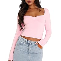 Long Sleeve Crop Top Slim Sexy Ribbed Fitted Cotton Cropped Shirts Women's Sweetheart Neck Basics for Daily Casual Wear