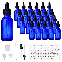 24 Pack 1oz Cobalt Blue Glass Bottles with Glass Eye Droppers for Essential Oils, Perfumes & Lab Chemicals (Brush, Funnels, 2 Extra Droppers, 36 Pieces Labels & 30ml Measuring Cup Included)