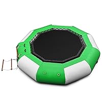 Happybuy Inflatable Water Trampoline 10FT, Round Inflatable Water Bouncer with 4-Step Ladder, Water Trampoline in Green and White for Water Sports