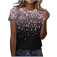 Sparkly Printed Women Tops Casual Summer Trendy T Shirt Cute Round Neck Tee Soft Short Sleeve Basic Blouses Top