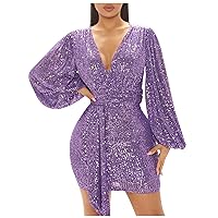 Womens Sequin Dress Sparkly Glitter Party Cocktail Dress Long Sleeve Wedding Guest V Neck Prom Homecoming Dresses