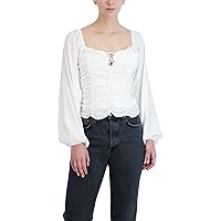 BCBGeneration Women's Sheer Long Sleeve Top Fitted Smocked Ruffle Square Neck Shirt