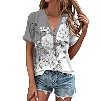 Women's Summer Tops 2024, Tunics V Neck Button Short Sleeve Casual T Shirts Floral for Women Cute Trendy, S XXL