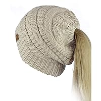BeanieTail Soft Stretch Cable Knit Messy High Bun Ponytail Beanie Hat