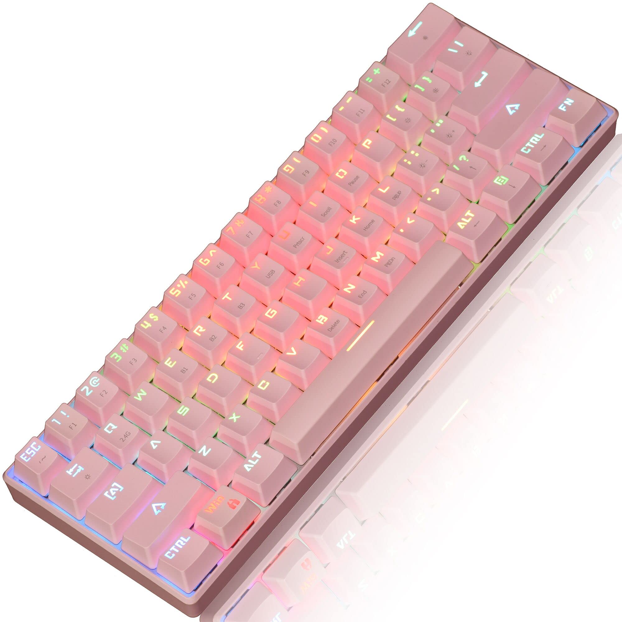 CHICHEN 60% Mechanical Keyboard Three Models Compact with BT5.0/2.4G/USB-C,61 Keys Both Wired/Wireless RGB Backlit Gaming Keyboard,Portable Mini Keyboard for PC/Mac Typist, Travel(Blue Switch,Pink)