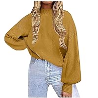 Cyber Fall Monday Deals 2024 Lantern Sleeve Ribbed Sweater Women Solid Jumper Tops Mock Neck Knitted Pullover Trendy Loose Sweaters Shirts Suéter Gris Claro Yellow