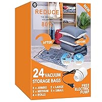 24 Pack Vacuum Storage Bags with Electric Pump, (5 Jumbo, 5 Large, 5 Medium, 5 Small, 4 Roll Up Bags) Space Saver Bag for Clothes, Mattress, Blanket, Duvets, Pillows, Comforters,Travel…