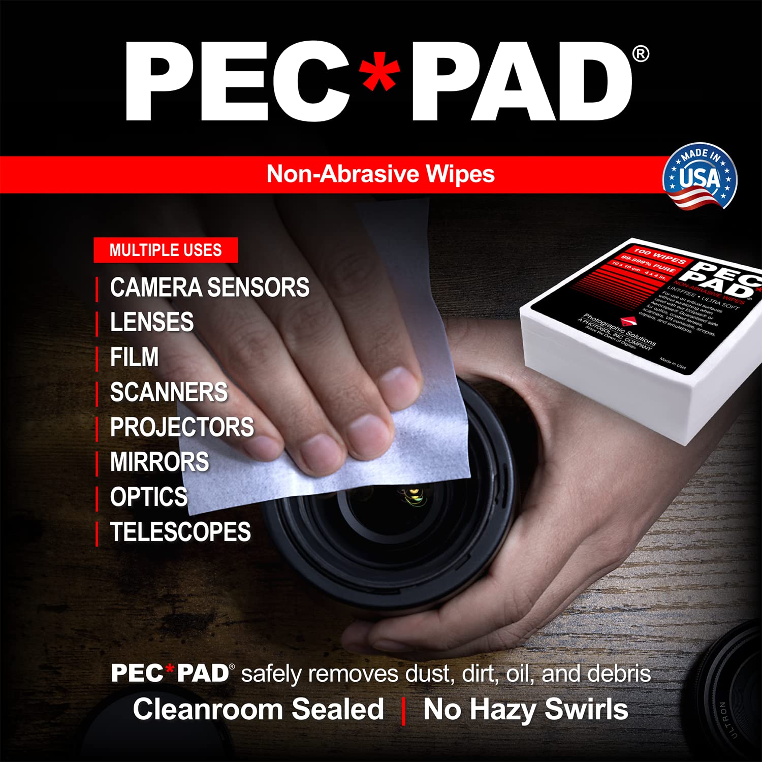 PEC-PAD Lint Free Wipes 4”x4” Non-Abrasive Ultra Soft Cloth for Cleaning Sensitive Surfaces Like Camera, Lens, Filters, Film, Scanners, Telescopes, Microscopes, Binoculars. (100 Sheets Per/Pkg)