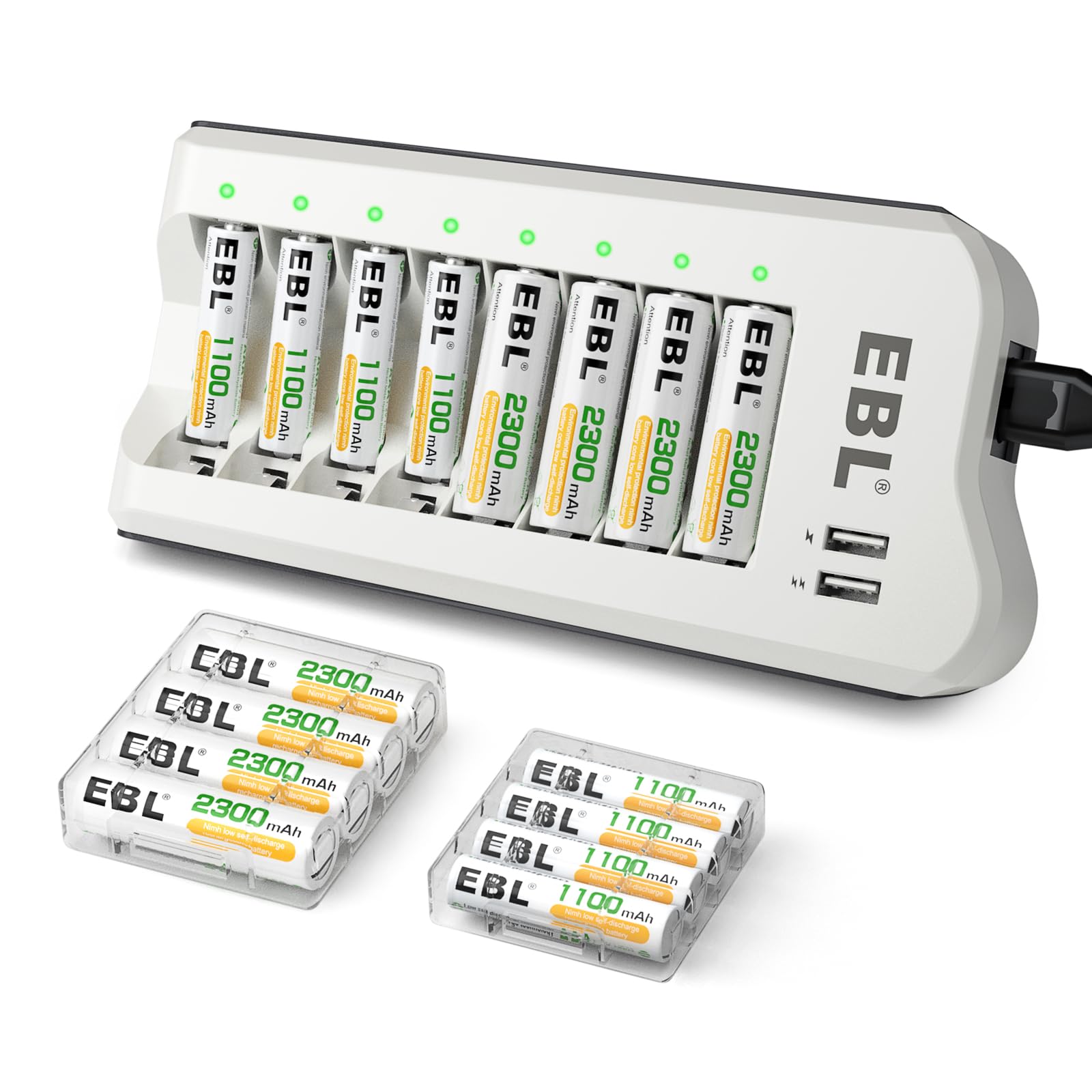 EBL Smart Battery Charger with 2 USB Charging Port and AA AAA Rechargeable Batteries Combo