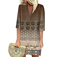 Dresses for Women 2024, Summer Casual Printed Loose V Neck 3/4 Sleeve Dress Retro Vintage Striped, S, 3XL