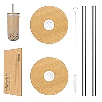 Tronco Mason Jar Lids with Stainless Steel Straws, 2 Reusable Mason Jar Bamboo Lids with Straw Hole, 2 Straws and 1 Straw Brush, for Wide Mouth Mason Jar Tumbler Lids