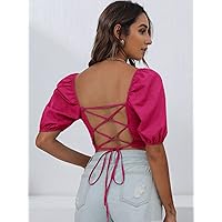 Women's Tops Shirts Sexy Tops for Women Lace Up Backless Puff Sleeve Top Shirts for Women (Color : Hot Pink, Size : Medium)