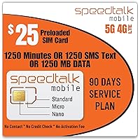 SpeedTalk Mobile SIM Card Kit for Smart Phones & Cellphones | $25 Plan - 1250 SMS Texts OR 1250 Minutes OR 1250 MB 5G 4G LTE Data | 3-in-1 Standard Micro Nano Size | 90 Days USA Wireless Coverage