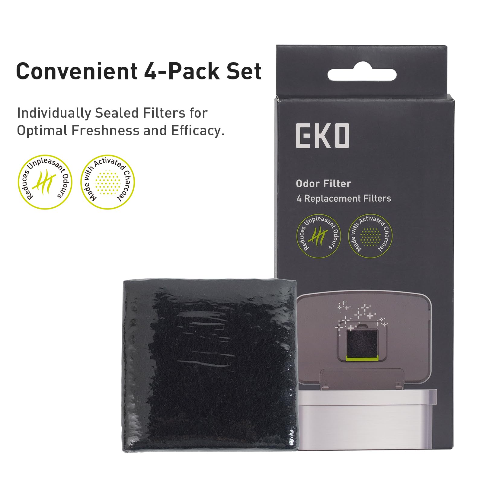 EKO Odor Filter Refills for Trash Can and Compost Bin, Activated Charcoal Deodorizer, Strong Charcoal Odor Absorber, Pack of 4 Replacements