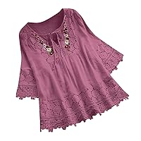 Lace Tops, Womens Flowy Summer Tops,Women's Fashion Solid Color Middle Sleeve Tie Splicing Casual for Women Blouses, S 5XL