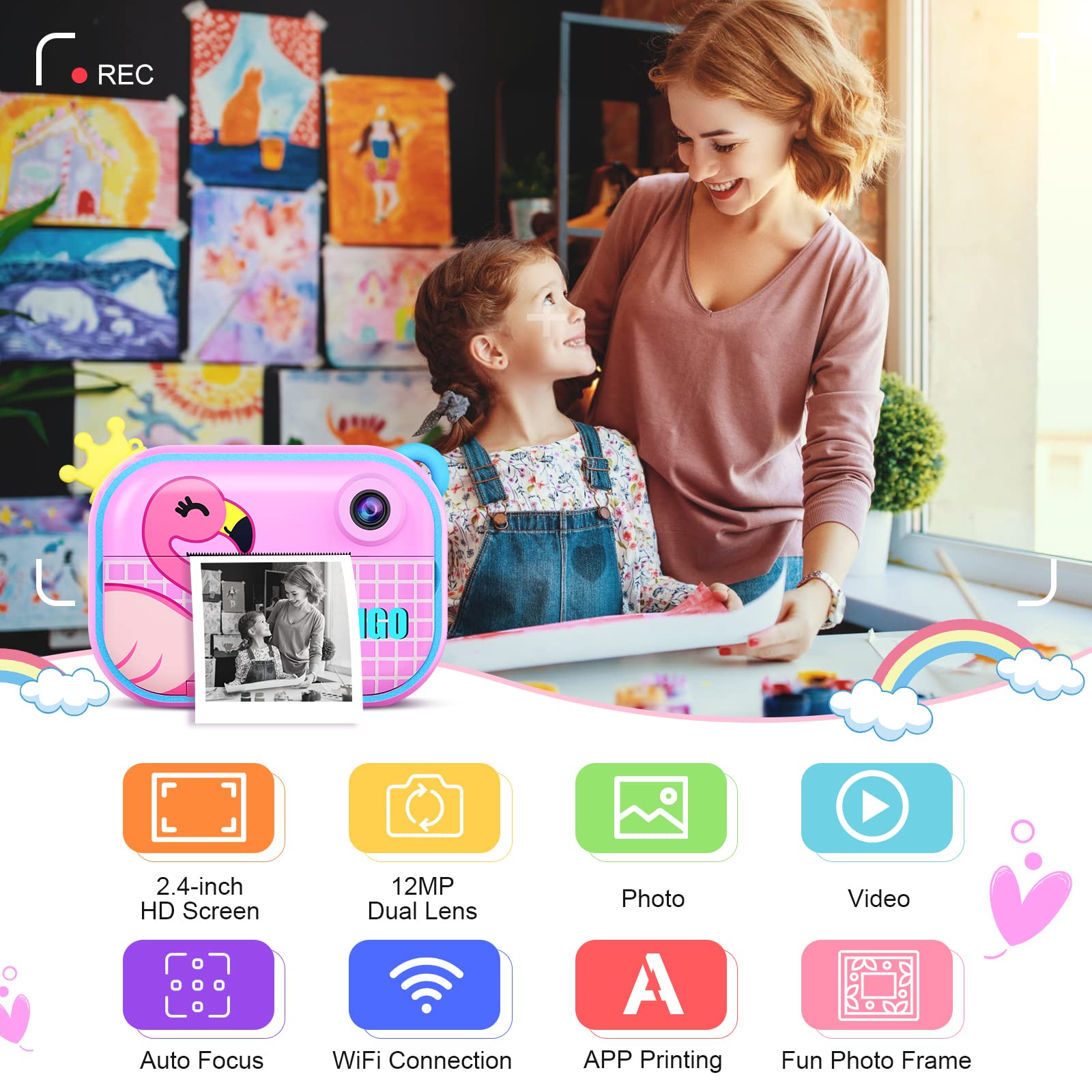 Instant Print Camera for Kids,Zero Ink Kids Camera with Print Paper,Selfie Video Digital Camera with HD 1080P 2.4 Inch IPS Screen,3-14 Years Old Children Toy Learning Camera for Birthday,Chistmas