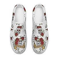 White Dead of The Dead Skulls with Rose Women's Slip on Canvas Loafers Shoes for Women Low Top Sneakers