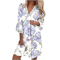 Summer Dresses for Women 2023 Casual Elegant Floral Beach Sundress Crochet Lace Trim V Neck 3/4 Bell Sleeve Short Mini Dress