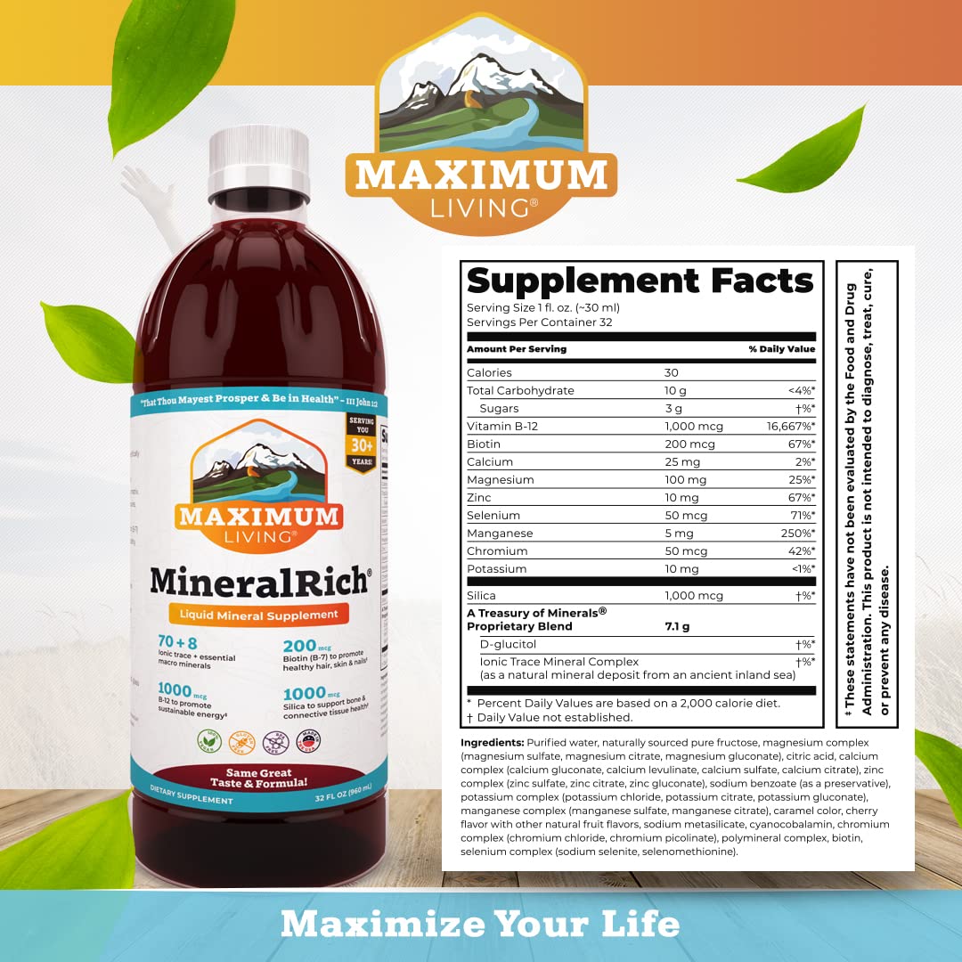 Maximum Living MineralRich Minerals Supplement - Liquid Blend of Vitamins and Trace Minerals - 32 oz