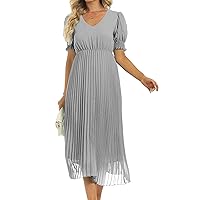LINJOU Women's Sheer Puff Sleeve Pleated Flowy Dress V Neck Midi Summer Casual Dress