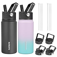 BJPKPK 2 Pack Insulated Water Bottles with Straw Lids, 18oz Stainless Steel Metal Water Bottle with 6 Lids, Leak Proof BPA Free Thermos, Cups, Flasks for Travel, Sports (Oasis+Black)