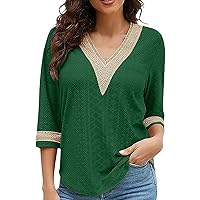 Womens 3/4 Sleeve Summer Tops Lace Trim V Neck Chiffon Cute Blouses for Women Fashion 2024 Business Casual Outfits Going Out Tops Dressy Shirts Multicolor Large Three Quarter Sleeve Tops