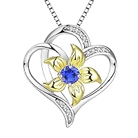 YL Heart Necklace 925 Sterling Silver cut 12 Birthstone Cubic Zirconia Lily Flower Love Pendant for Women,Chain 45+3CM