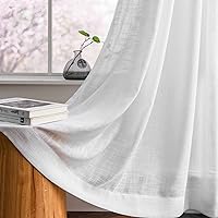 White Linen Textured Semi Sheer Curtains 63 Inch Length for Bedroom Living Room Natural Flax Linen Rod Pocket Voile Drapes, 52 by 63 Inch (2 Panels)