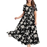 YESNO Women Casual Loose Bohemian Floral Dress with Pockets Short Sleeve Long Maxi Summer Beach Swing Dresses EJF