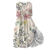 Womens Summer Dress 2024 Lapel Button Three Quarter Sleeve Floral Print Flowy Swing Sundress Vestidos Elegantes de Fiesta