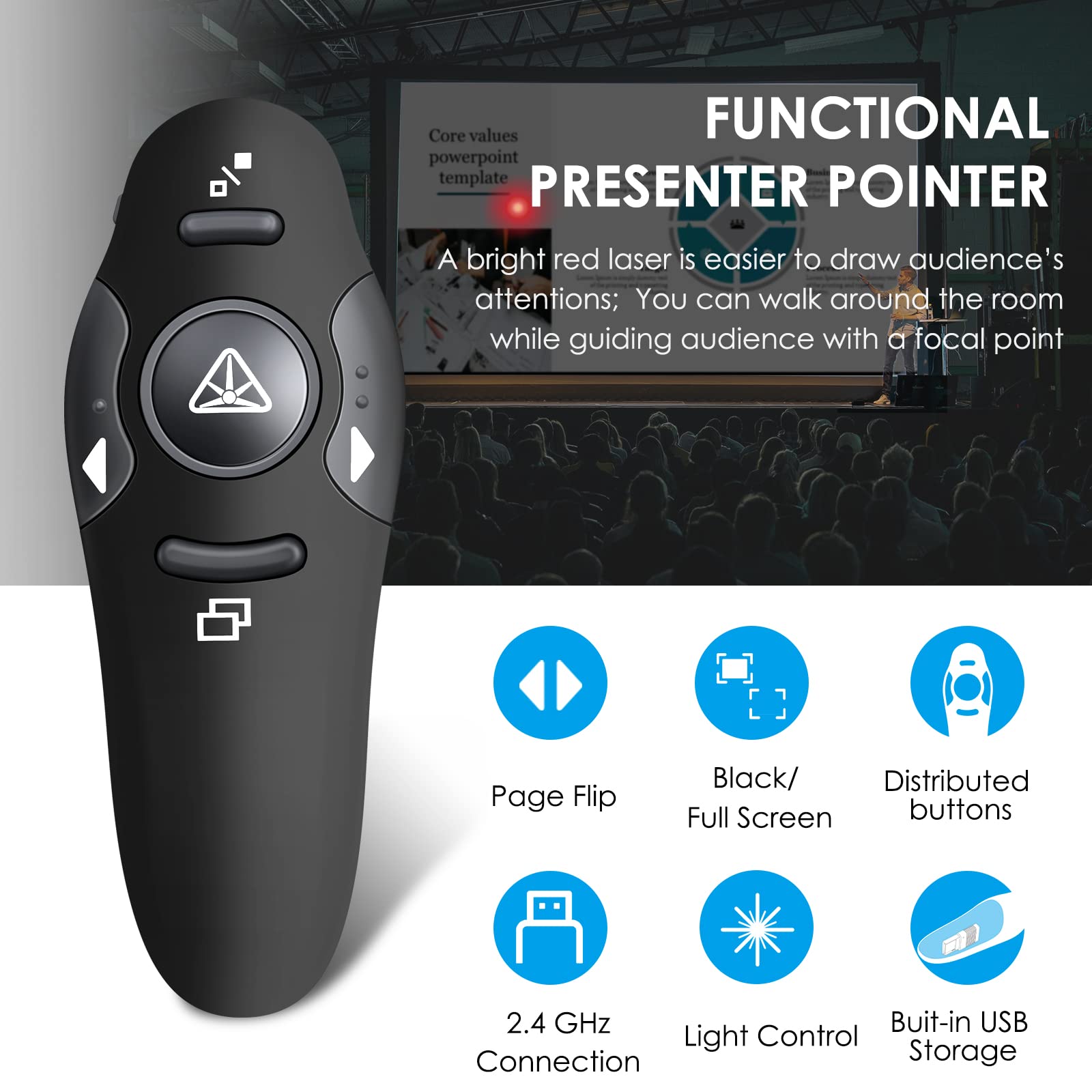 Presentation Clicker with Bright Red Laser Pointer, 164FT Wireless Presenter Remote PowerPoint Clicker Slide Advancer for Mac Computer