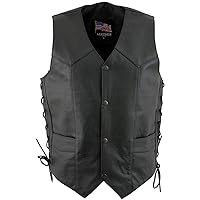 1202 Men's Classic ‘Side Laced’ Black Leather 4 Button Western Style Motorcycle Vest - Small