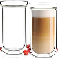 Aquach Double Wall Glass Cup 16oz 2pcs, Clear Insulated Coffee Drinking Glasses, Single Wall Mouth/Double Wall Body