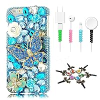STENES Bling Case Compatible with iPhone 14 Pro Max Case - Stylish - 3D Handmade [Sparkle Series] Big Butterfly White Rose Flower Design Cover with Cable Protector [4 Pack] - Blue