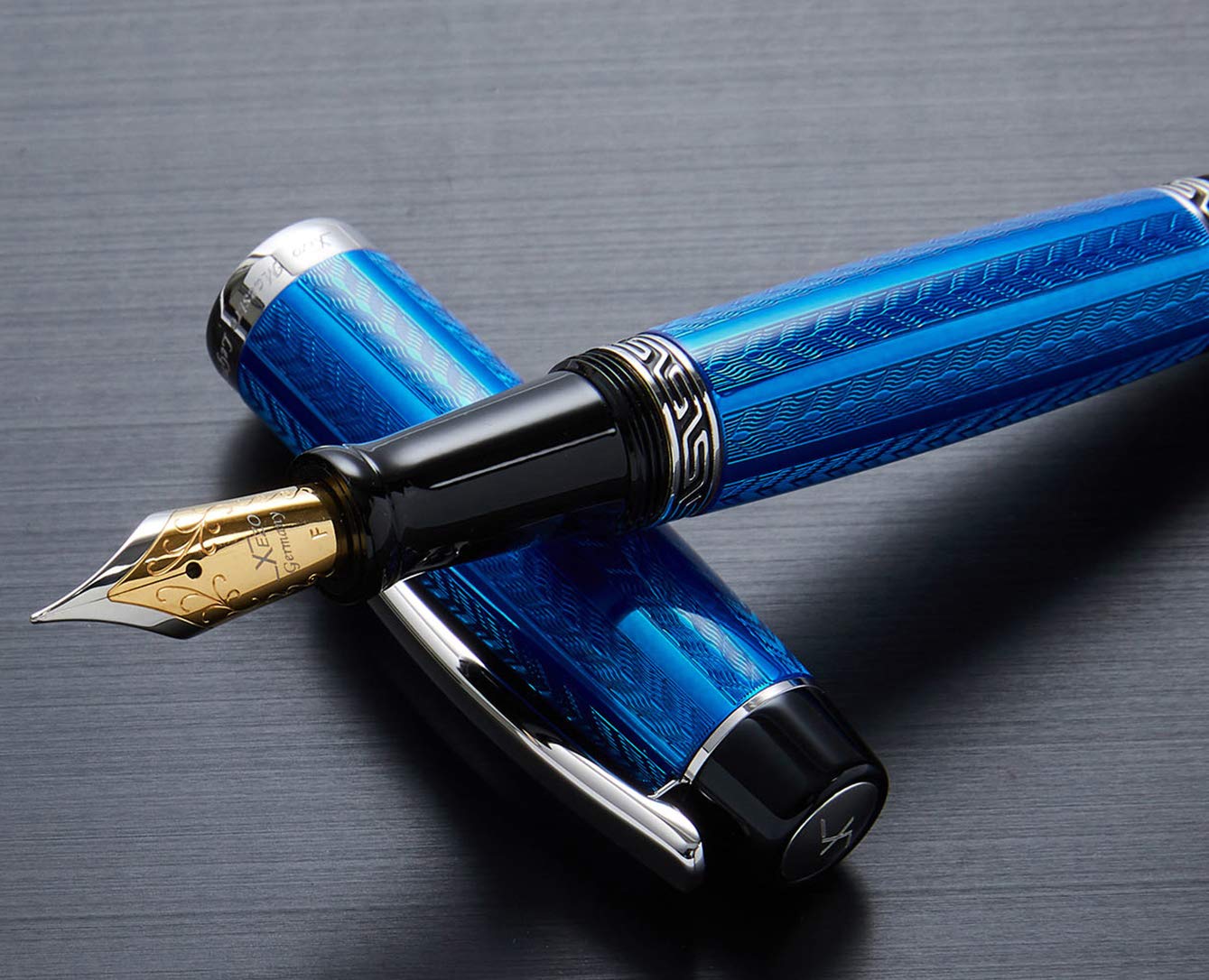 Xezo Maestro Diamond Cut, Lacquered, Handcrafted Platinum Plated Fine Fountain Pen, Tanzanite Blue (Maestro LG Tanzanite F)