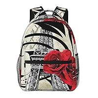 Vintage Eiffel Tower Red Rose Printed Lightweight Backpack Travel Laptop Bag Gym Backpack Casual Daypack