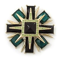 Victorian Style Black/Dark Green Resin Stone Layered Cross Brooch In Gold Tone Metal - 75mm Across