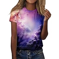 Casual Shirts Women Trendy Tops for Women 2024 Astral Print Novelty Cool Loose Fit Fashion with Short Sleeve Round Neck Shirts Purple Pink 4X-Large