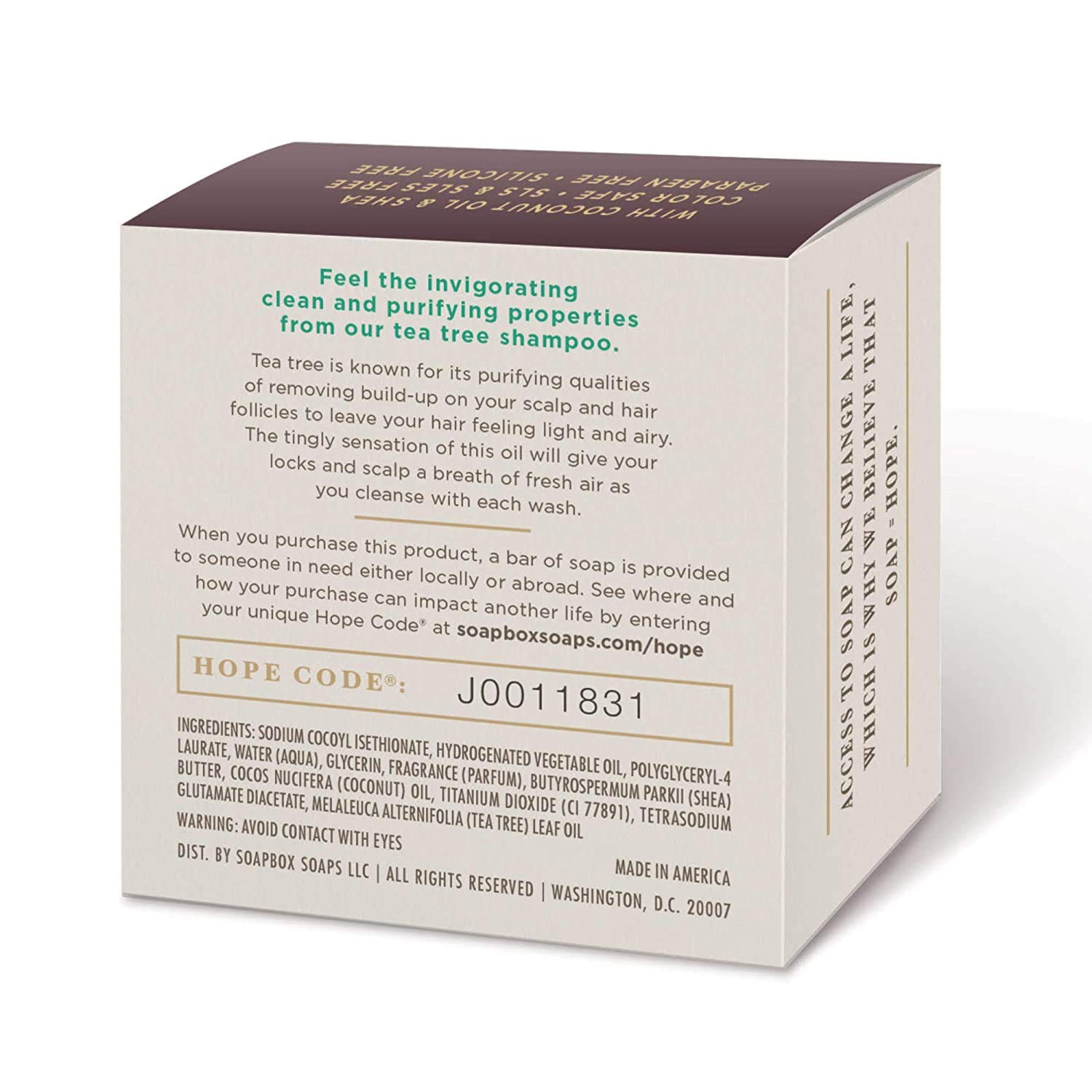 Soapbox Tea Tree Shampoo Bar, Natural, Eco Friendly Bar Shampoo for Dry Scalp | Color Safe, Sulfate Free, Paraben Free, Silicone Free, Cruelty Free, and Vegan Shampoo, 3.1oz (Pack of 1)