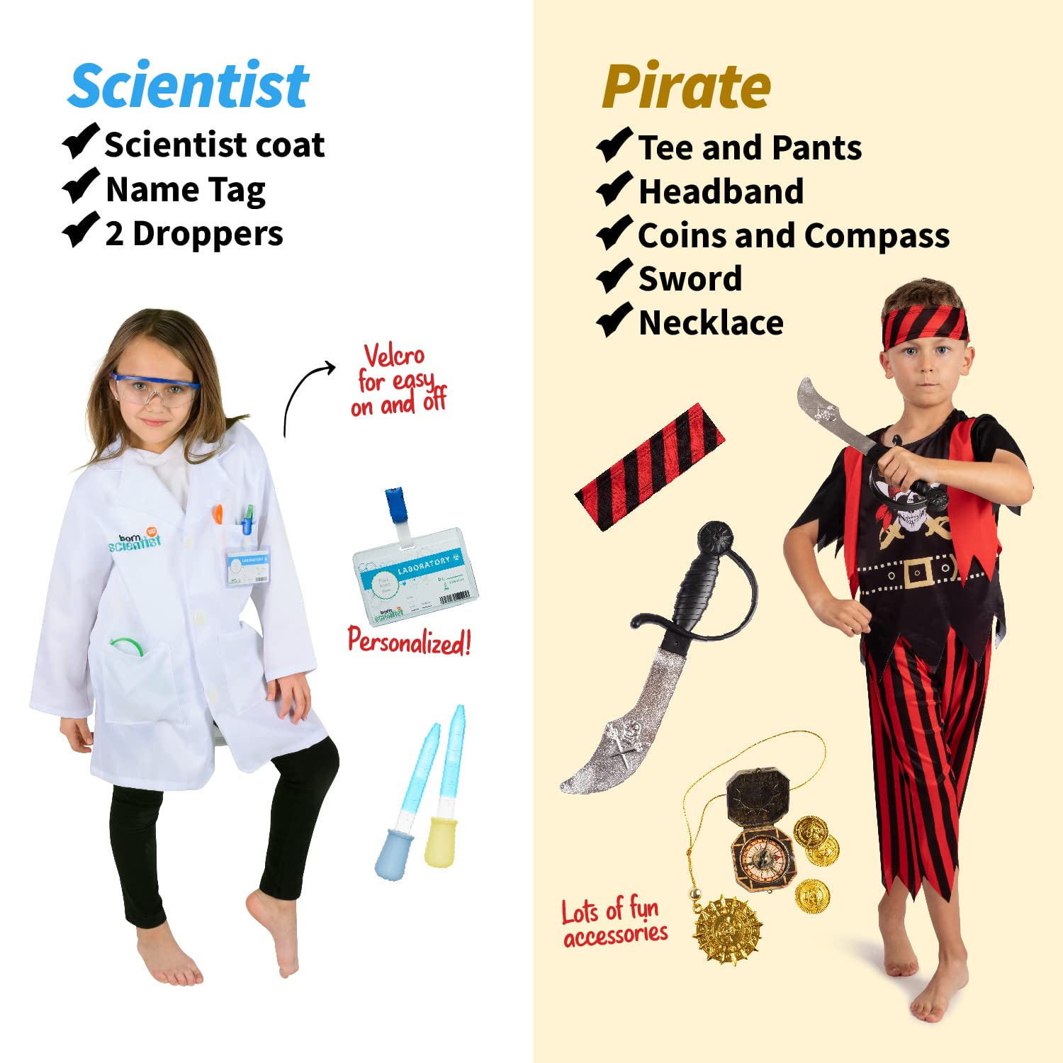Born Toys 6-in-1 Kids' Dress Up & Pretend Play Firefighter, Astronaut, Scientist, Construction, Pirate, Office Set and Doctor Set