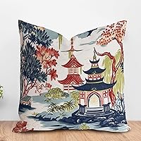 ArogGeld Asian Dark Blue Red Pagoda Farmhouse Throw Pillow Covers Red Black Pagoda Watercolor Flower White Linen Cushion Covers Chinoiserie Style Throw Pillow Case for Living Room 26x26in
