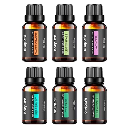 Onepure Essential Oils, 6 x 10ml Essential Oils Gift Set for Diffuser Humidifier Massage Aromatherapy (Lavender, Tea Tree, Eucalyptus, Lemongrass, Orange, Peppermint)